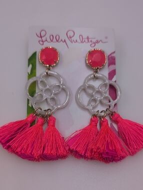 Lilly Pulitzer Sandpiper Hot Pink Tassel Floral Drop Earrings